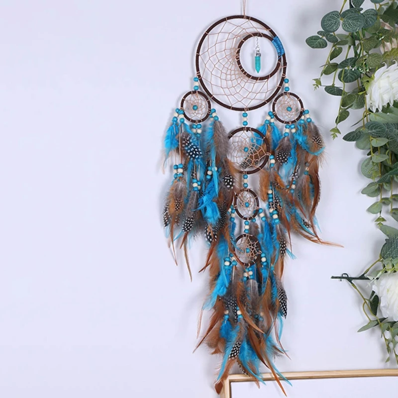 

5 кругов большие Ловцы снов с бирюзовыми перьями, настенное украшение в стиле бохо для спальни, общежития, гостиной, креативный подарок