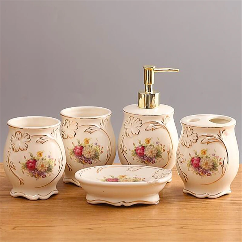 Ceramic Bathroom Accessories Set Home European Bathroom Five-piece Retro Printing Brushing Mouthwash Cup Soap Box Washing Set