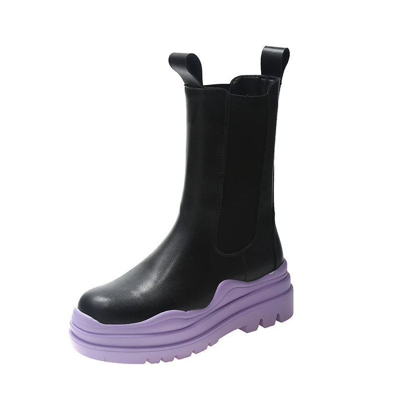 

2022 New Woman Thick Bottom Boots PU Leather Solid Outdoor Non-Slip Boots Casual Women's Flats Fashion Ladies Shoes RALSWNAY