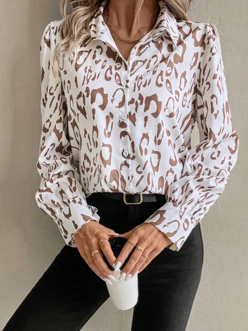 Leopard Print 3D Print Women's Fashion Elegant Lapel Long Sleeve Shirt Urban Street Trend Fashion Women's Single Breasted Shirt