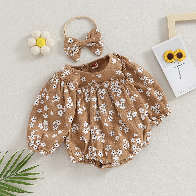 

Cotton Linen Autumn Clothes For Baby Girls Romper Toddler Floral Print Princess Long Sleeve Casual Bodysuit with Headband Set
