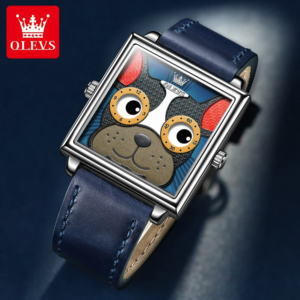 OLEVS Original Top Brand Quartz Watch for Men Women Dog Square Watches Unisex Luxury Waterproof Leather Wristwatch Children Kids