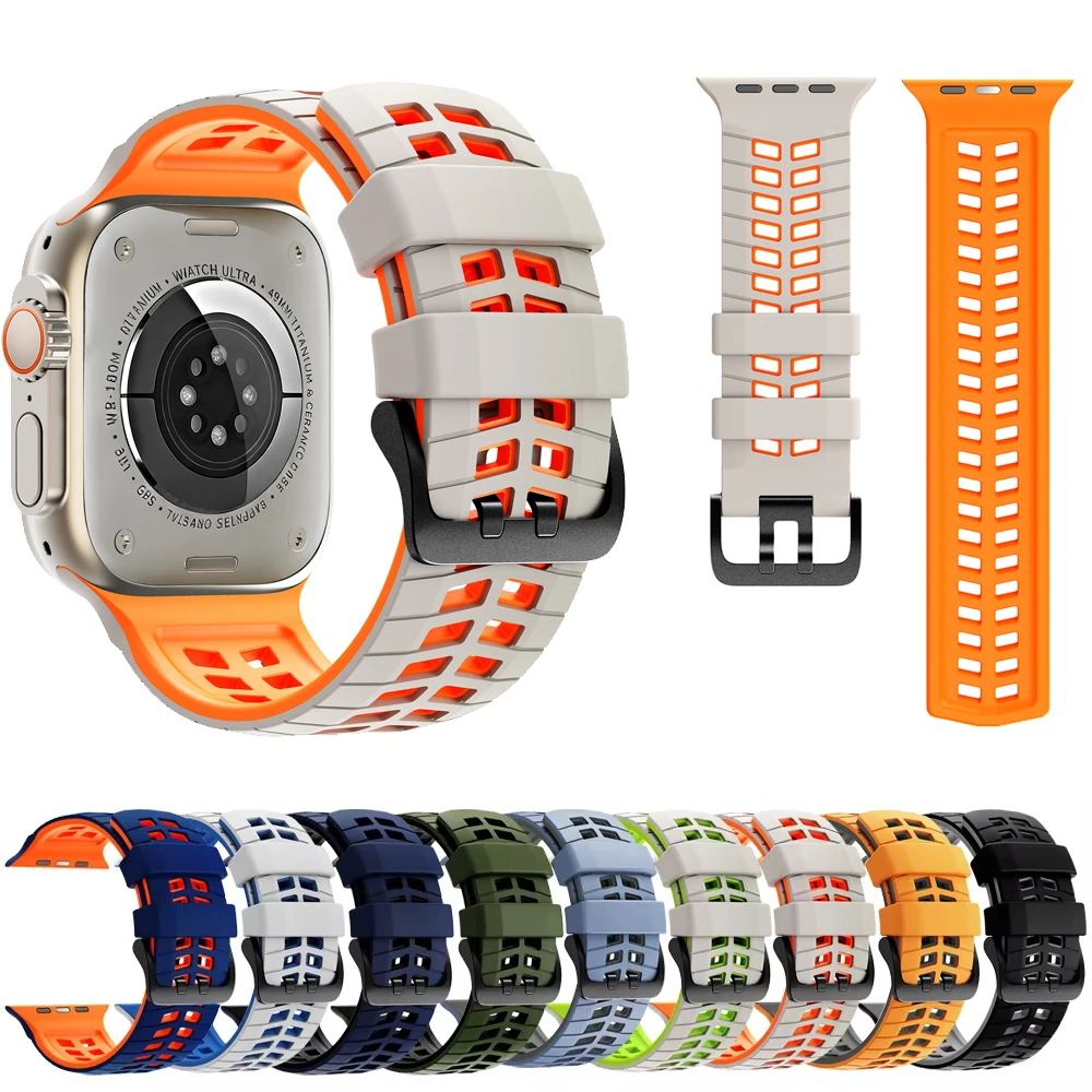 Фото Дышащий силиконовый ремешок для Apple Watch Ultra 3, 49 мм, 44 мм, 45 мм, 46 мм, двухцветный браслет Correa для iWatch Series 11, 10, 9, 8, SE №1