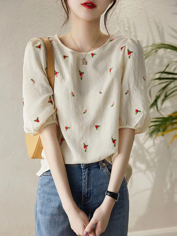 

BOBOKATEER Summer Women Clothing 2022 Fashion Vintage Floral Embroidery T Shirt Camiseta Mujer 3/4 Puff Sleeve Top Haut Femme