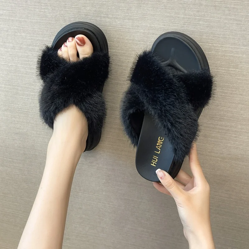 Thick Bottom Cross Plush Upper Sandals and Slippers Women's 2022 New Outer Wear Plush Women's Shoes Fashion Open Toe Slippers