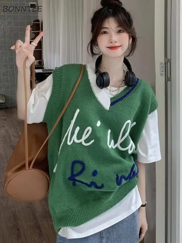 

Sweater Vest for Women Letter Embroidery Preppy Style All-match Simple Ulzzang Students Lovely Chic Comfortable Trendy Autumn