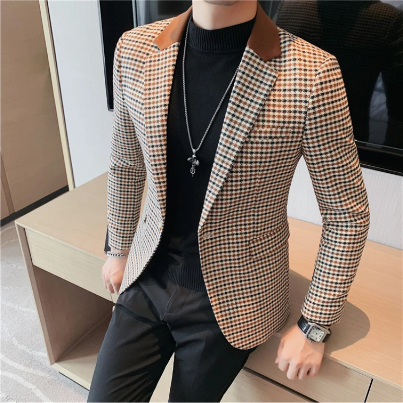 

Quality Spliced Tuxedo Blazer Collar Dress Plover Case High Slim Jacket Style Business Men's Suit Elegant Fashion Casual British
