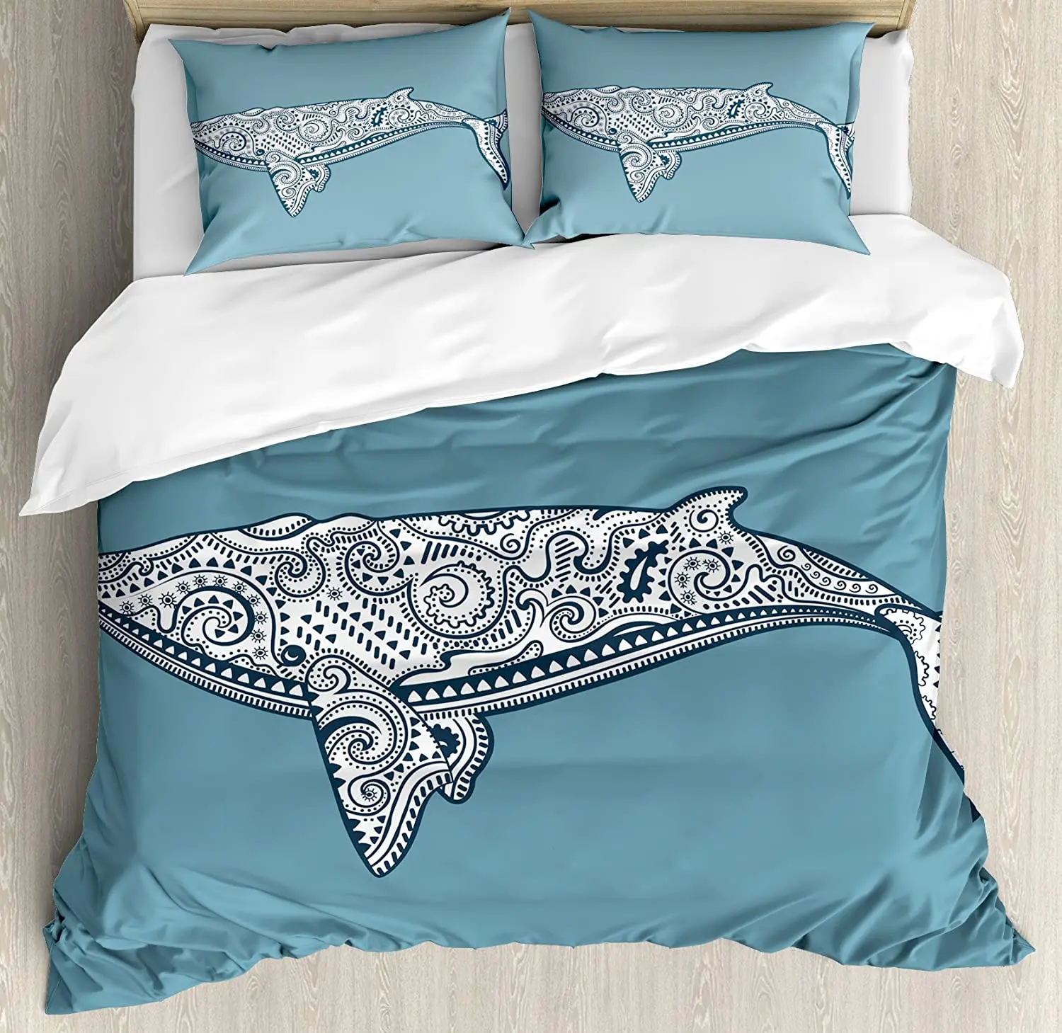 

Nautical Decor Double Bed Duvet Cover Set Ethnic Whale Fish with Totem Symbol Kitsch Paisley Pattern Bedding Set