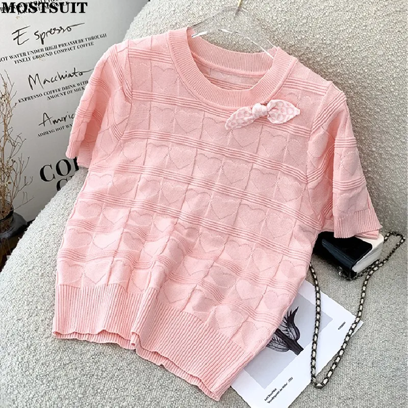 

Love Jacquard Bowtie Knitted T-shirt Sweater Women Fashion Loose Elegant Sweet Pullover Top Short Sleeve Round Neck Ladies Tops
