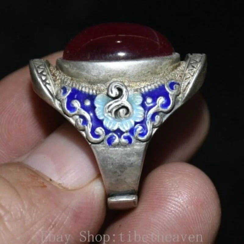 

1.4 Inch Rare Chinese Old Silver Inlaid Red Gem Cloisonne Flower Ring