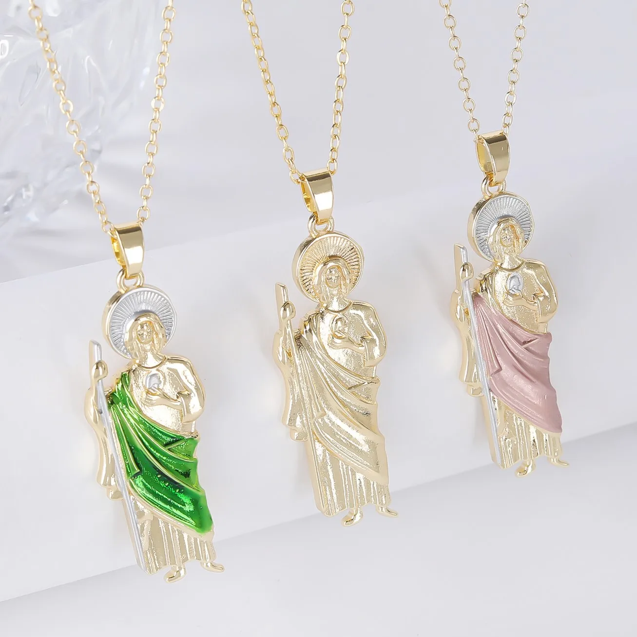 Green Pink Gold Color San Judas Tadeo Pendant Necklace 3 Sizes Gold Necklace for Men Women Gifts Religious Jewelry