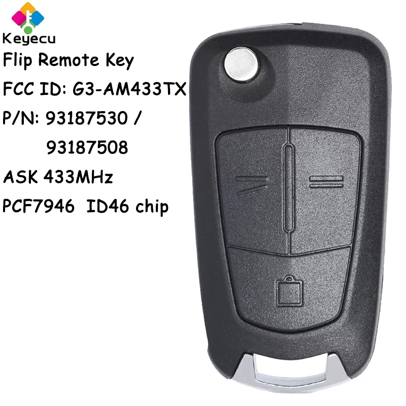 

KEYECU Flip Remote Car Key With 3 Buttons 433MHz PCF7946 Chip for Vauxhall Opel Signum Vectra C 2002-2008 Fob 93187530 93187508