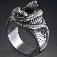 punkboy gothic cool antique silver color exaggerated animal double head wave bend snake finger metal ring for men party jewelry