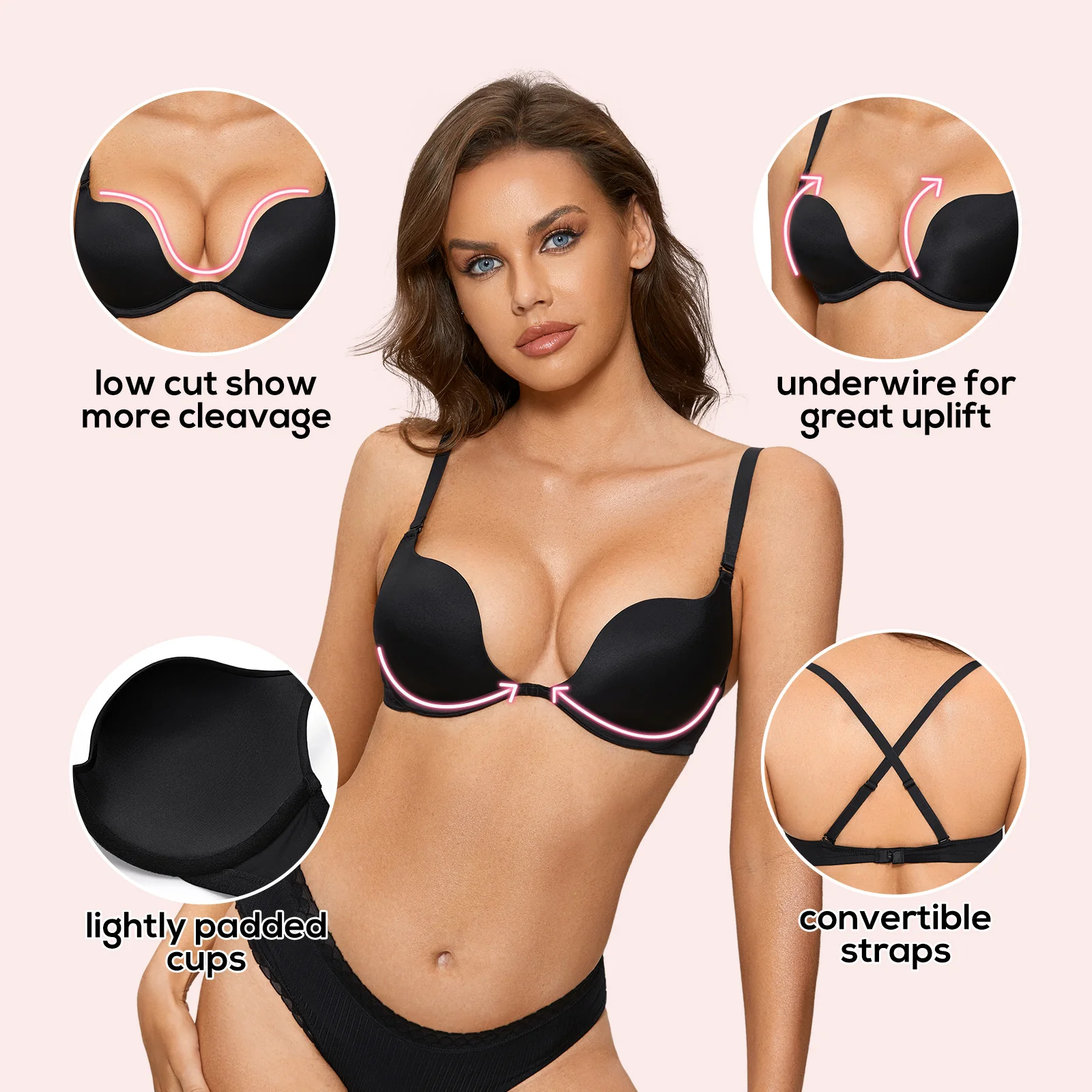 DOBREVA Women's Push Up Bra Deep Plunge V Sexy Underwire Low Cut T Shirt Cleavage Padded Seamless Lingerie