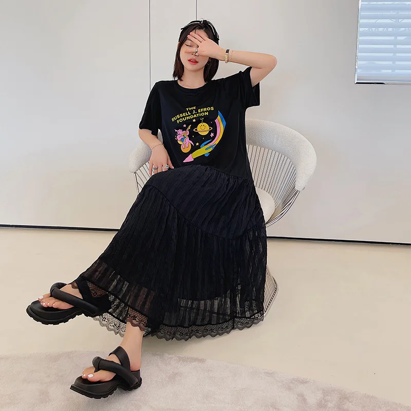 

Женское длинное платье с коротким рукавом, темно-синее кружевное платье большого размера, лето 2023