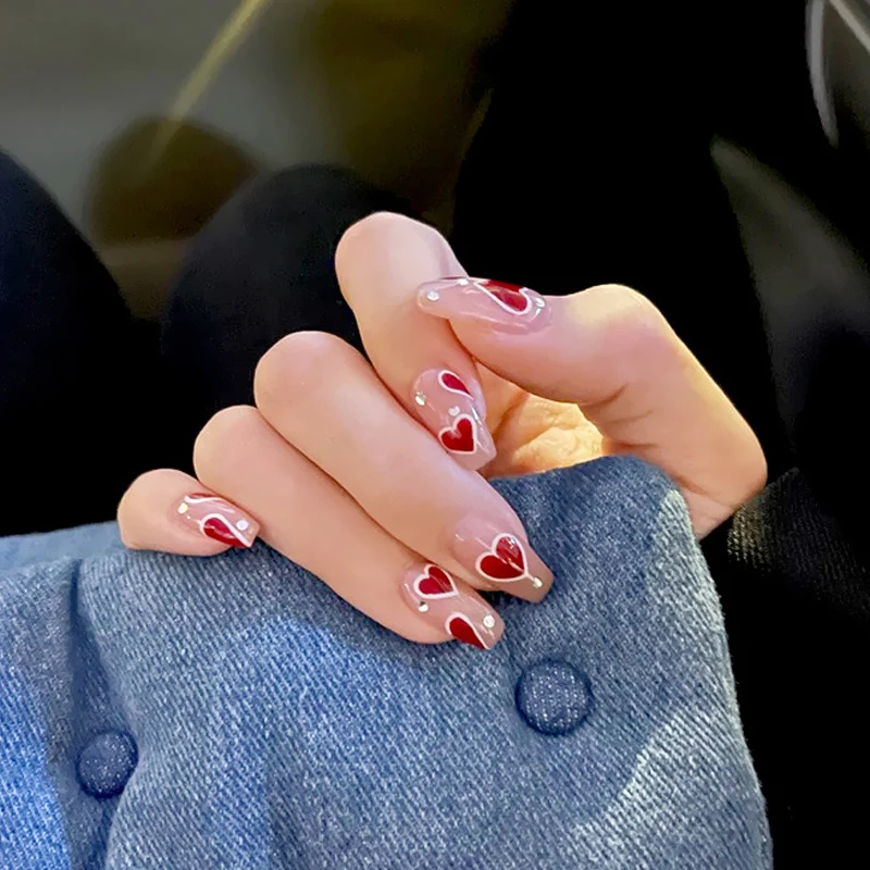 

24pcs Love Red Heart Shape Wear Long Paragraph Fashion Manicure Patch False Wearable women False Nails EF
