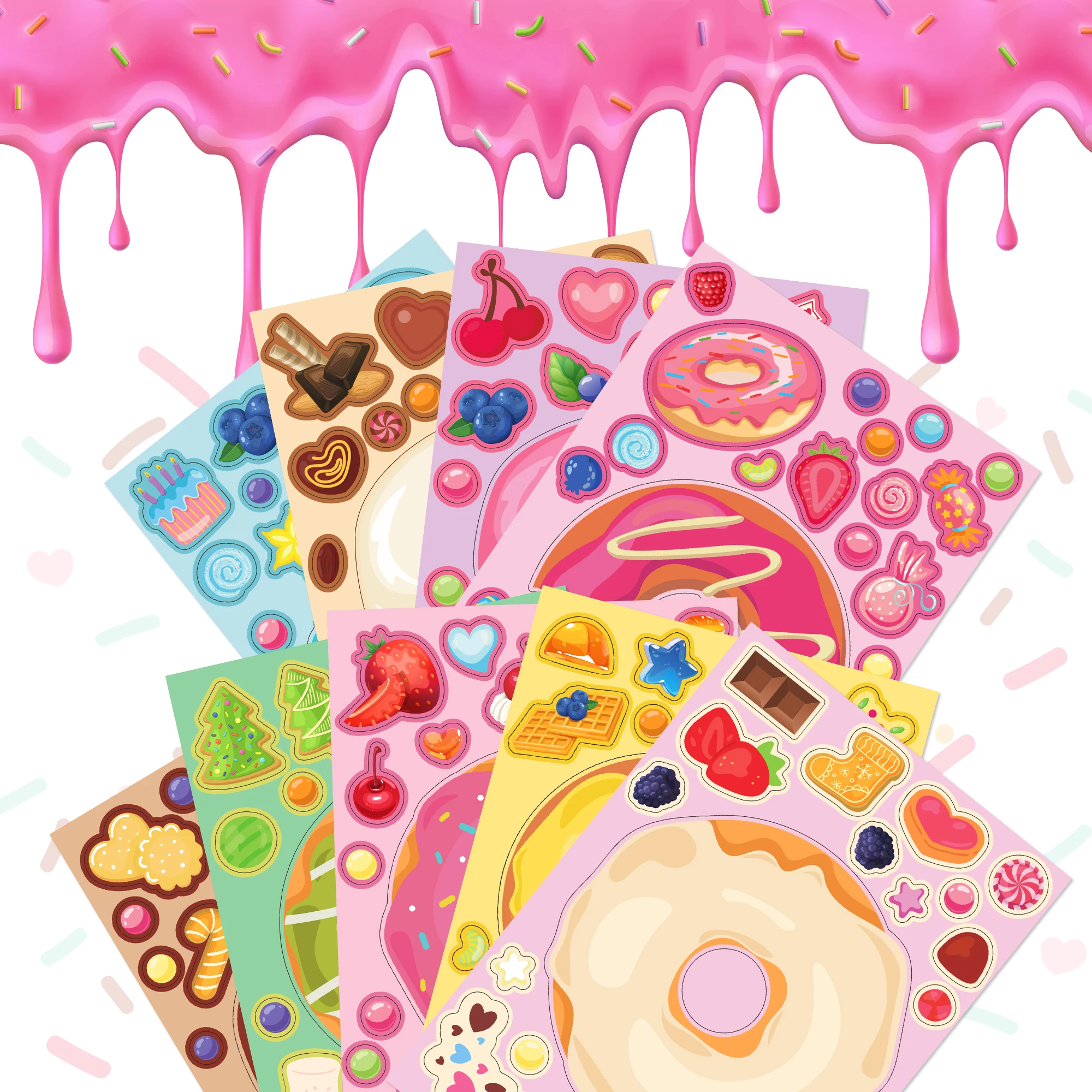 

9pcs/set Kids Toys Cartoon Sweet Donuts Fruit Birthday Party Gift Sealing Label Stickers Handbook Material Candy Biscuits Decors