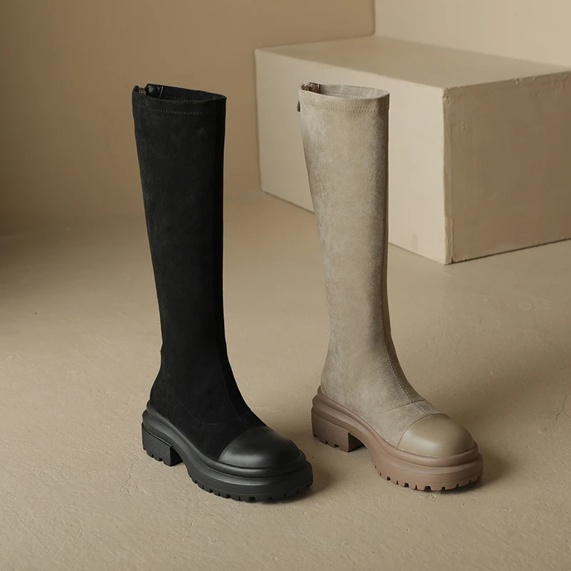 

2022 autumn Women knee-high boots natural leather 22-25cm Leather + Elastic flock upper Knight boots back zipper long boots