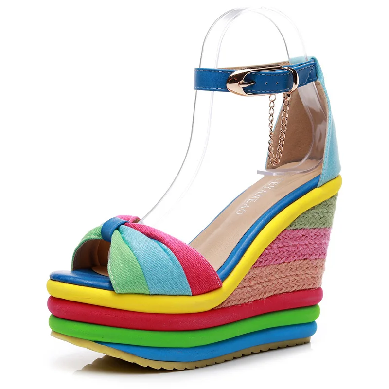 

Women Sandals Female Wedges PU Round Shape Color Matching Slope Heel Increase Thick Bottom Non Slip Shoes