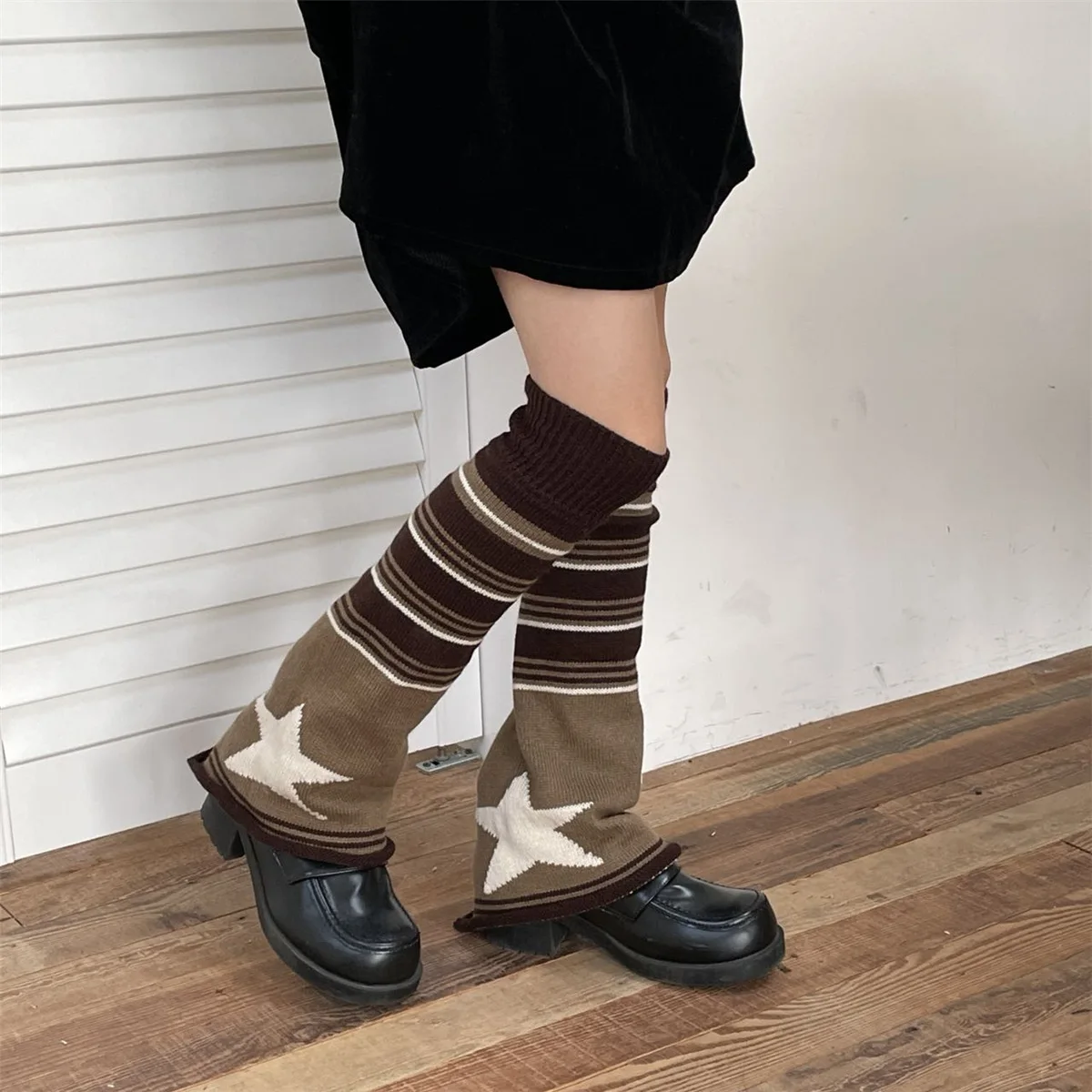 Y2K Brown Star Leg Warmers Stockings Knitted Socks Gothic Cover Stockings Japanese JK Leg Warmers Gothic Hot Girl Accessories