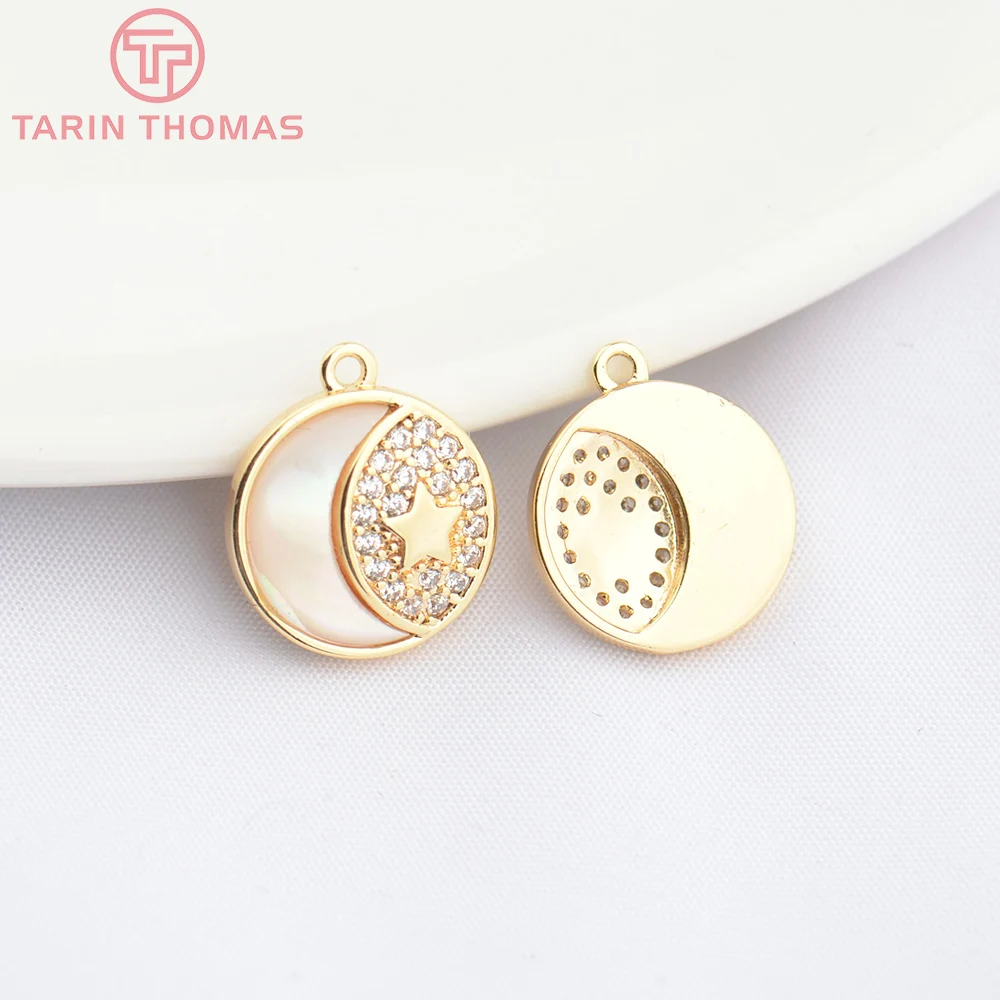 

(4787) 2PCS 12MM Hole 1MM 24K Gold Color Brass with Zircon Star Moon Pendants High Quality DIY Jewelry Making Findings Wholesale