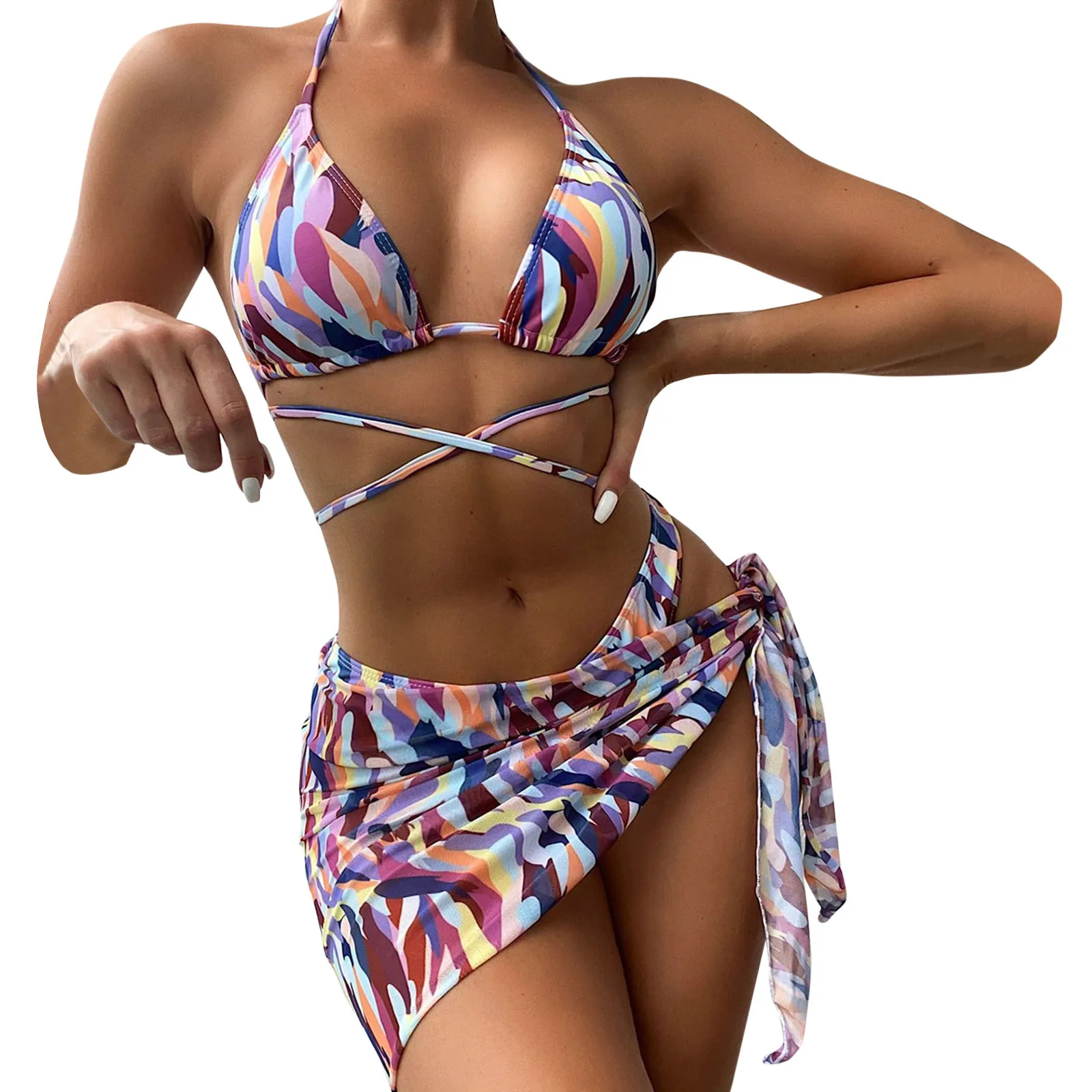 

3pack Three Ladies Color Print Beach Bikini Women Strap Swimsuit Shoulder Swimwear Piece Ruffle Plant Swimwears Swimsuit bikini