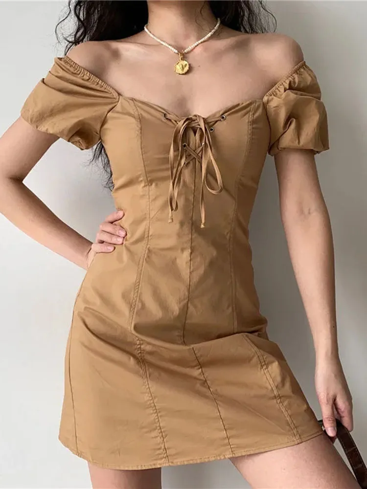 

Jmprs Vintage Square Collar Women Dress High Waist Summer Puff Short Sleeve A Line Ladies Dress Office Ladies Korean Vestdios