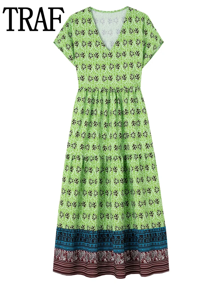 

Платье-миди женское зеленое Плиссированное с коротким рукавом и принтом