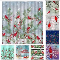 cardinals shower curtain winter snowy day pine tree branch cardinal snowflake berry merry christmas dreamy sky rustic home decor