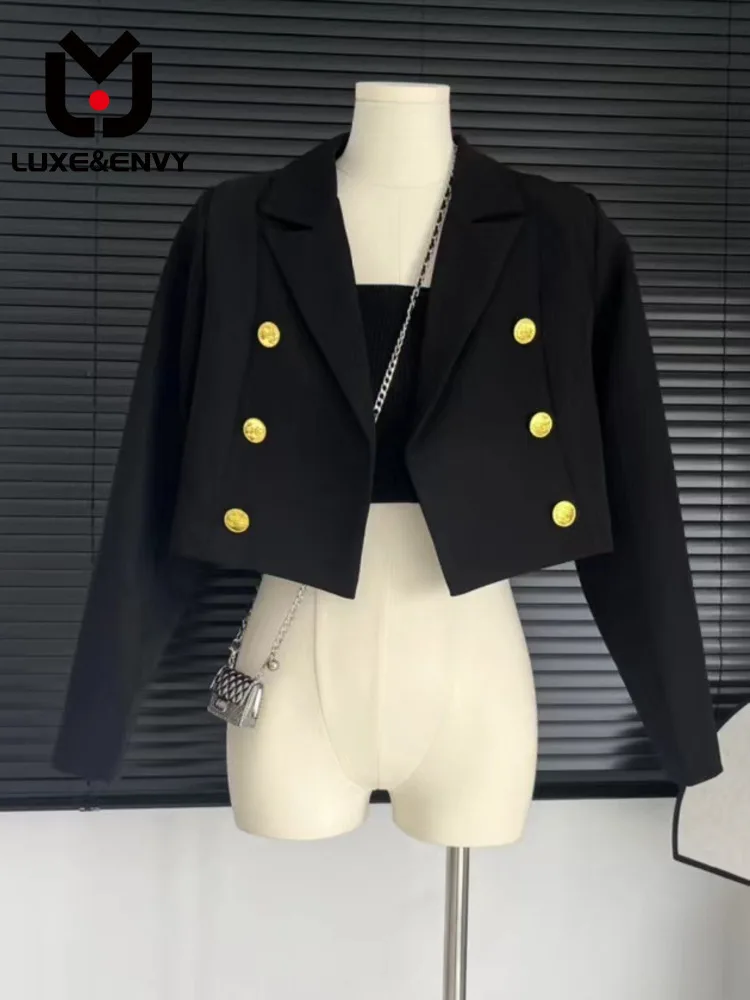 

LUXE&ENVY 2023 Spring New Korean Version Short Style Design Sense Double Row Metal Button Fashion Black Suit Coat Women