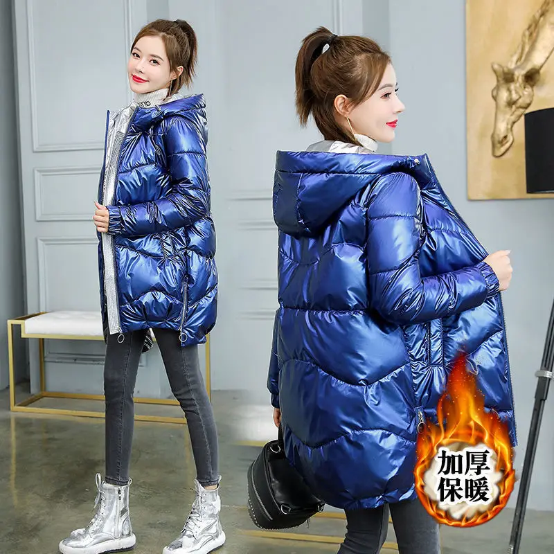 Cotton Coat Women Bright 2023 Korean Version Women's Long Autumn Winter Loose Thick Hooded Down Cotton Coats Wash Free Jackets