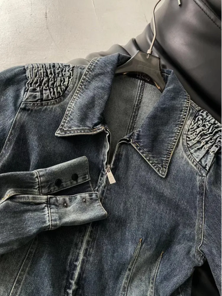 Женская джинсовая рубашка на молнии DEAT синяя облегающая плиссированная блузка