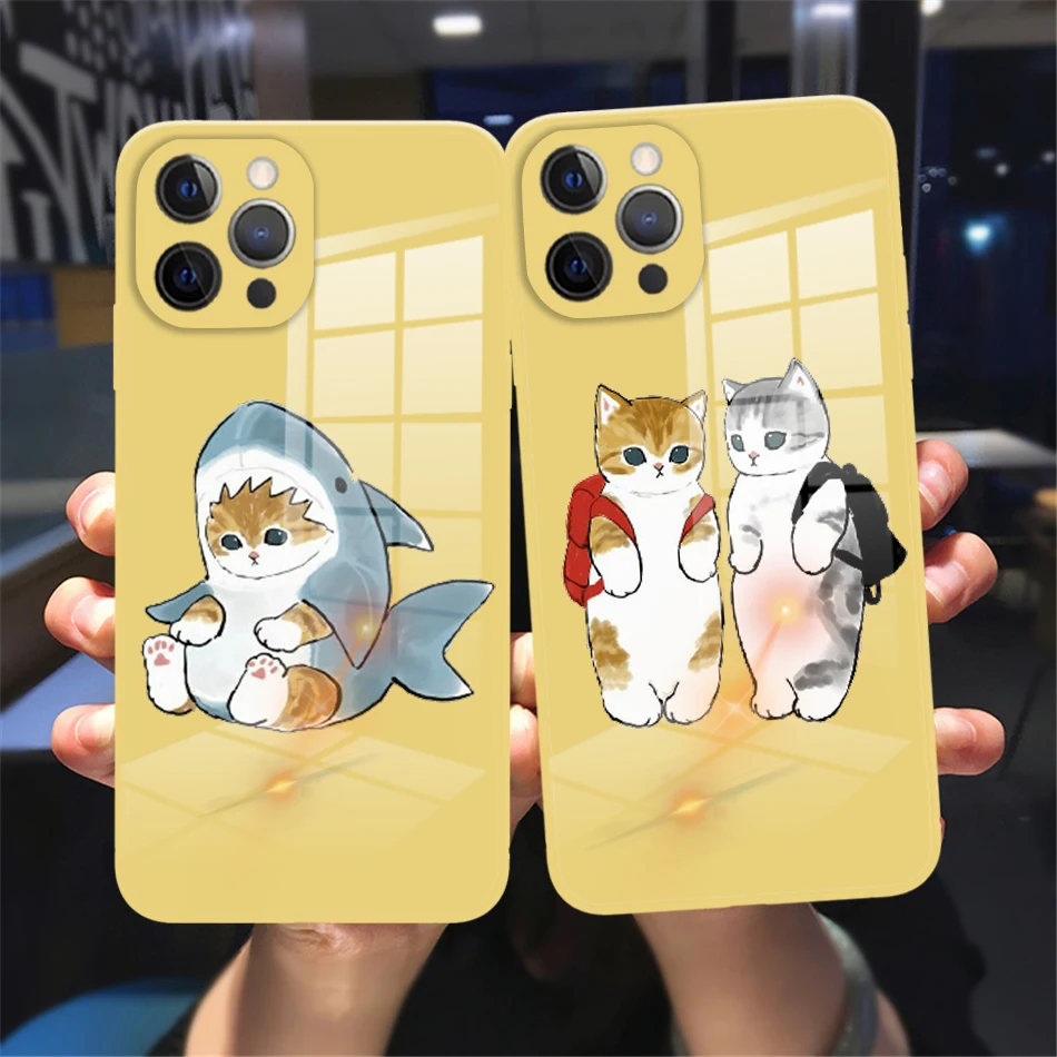 

Cute Cartoon Animal Cat Phone Case For iPhone 13 12 11 Pro Max X Xs Xr 8 7 Plus 12 13 Mini Lemon yellow liquid Glass Back Cover