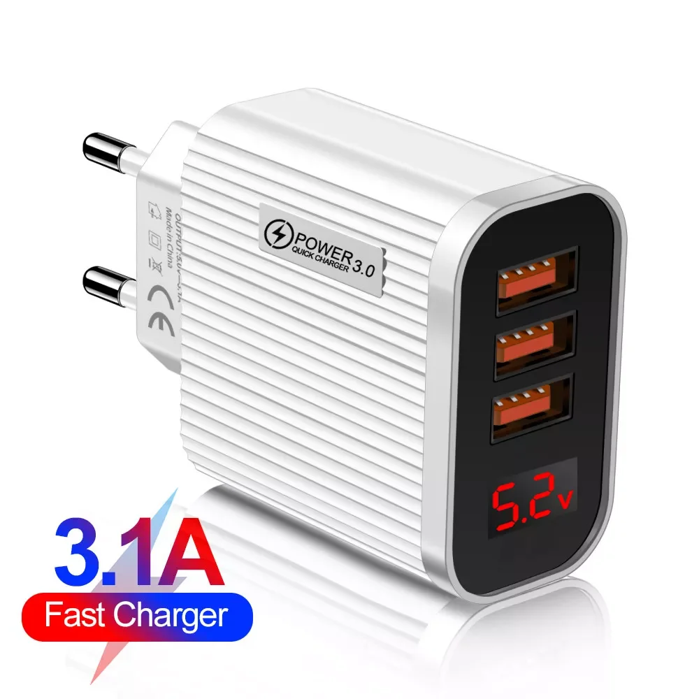 

2023NEW 3 Ports USB Charger Quick Charge 3.0 with LED Digital Display Wall Charger Fast Charging Mobile Chargers