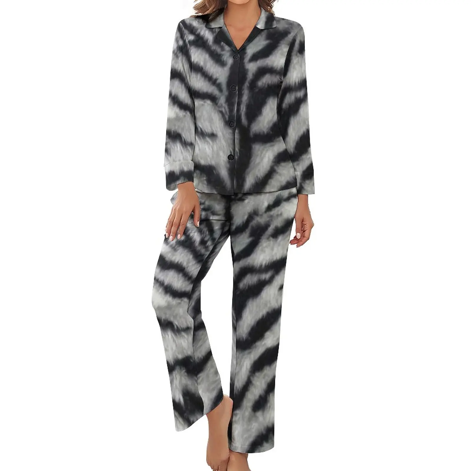 

White Tiger Print Pajamas Two Piece Animal Skin Fur Trendy Pajamas Set Women Long Sleeves V Neck Sleep Graphic Home Suit