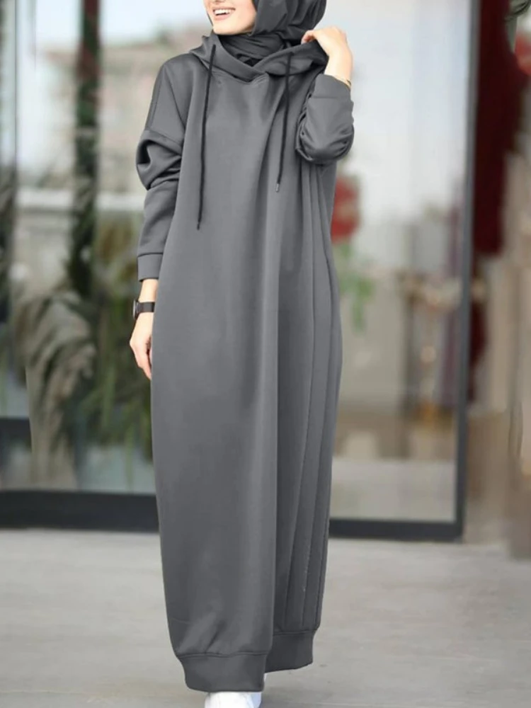 

Herfst Winter Vrouwen Moslim Dubai Dress Sweater Fashion Hooded Long Sleeve Solid Maxi Dress Feminine Casual Hooded Gown