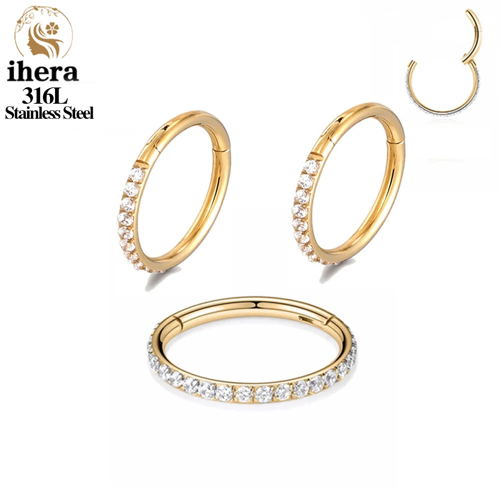 50PCS Stainless Steel Zircon CZ Hinged Segment Nose Septum Clicker Ring Round Earrings Hoops Ear Tragus Helix Piercing Jewelry