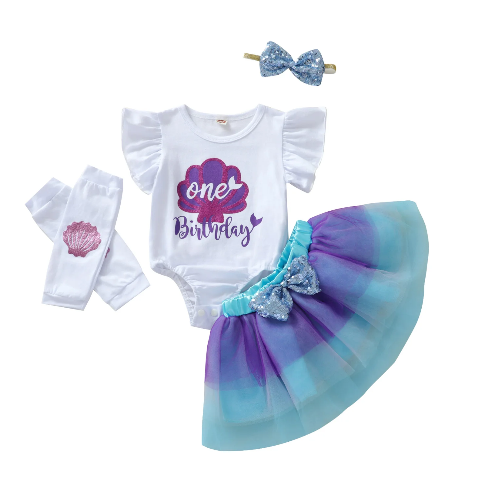 

Newborn Baby GirlS Short Skirts Outfits Mermaid Shell Printed Short Sleeve Bodysuit Sequin Skirts Bow Headband Leg Warmers Set