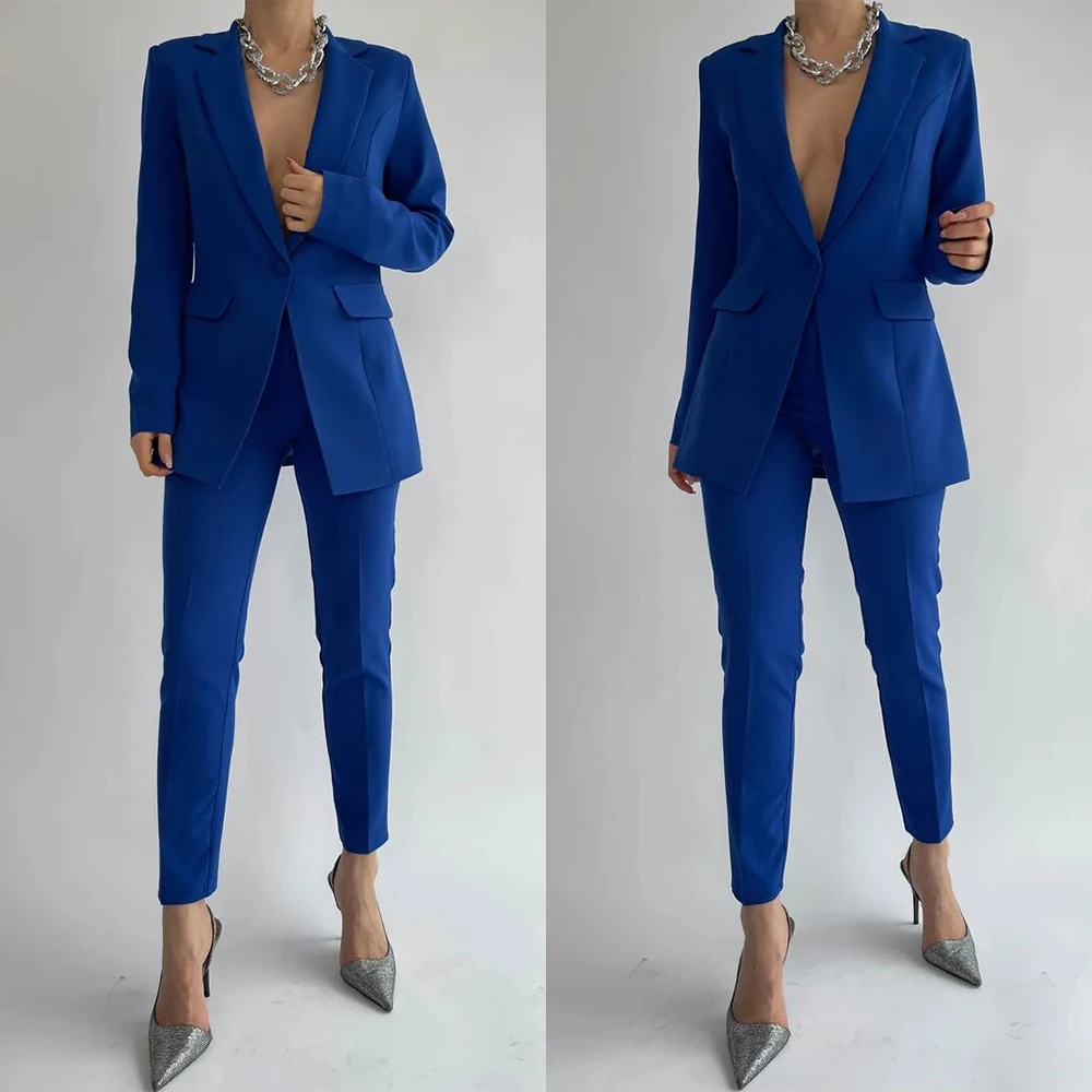 

Dark Blue Women Suits 2 Pieces Party Suit Deep V Neck Work One Button Tailored Causal Fashion Real Image Coat+Wide Leg Pants
