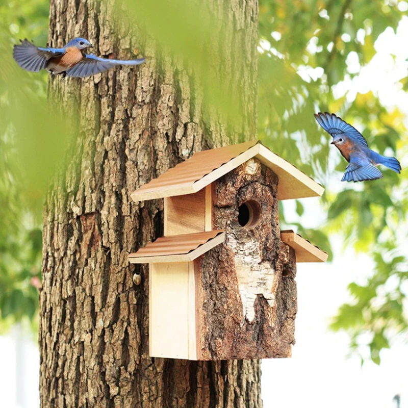 

Handmade Outdoor Rough Natural Birch Wood Wall Hanging Bird Box House