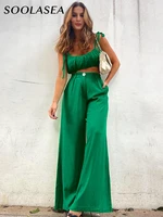soolasea cotton women summer green outfit sleeveless crop top and palazzo pants 2 piece set female midriff top trousers suits