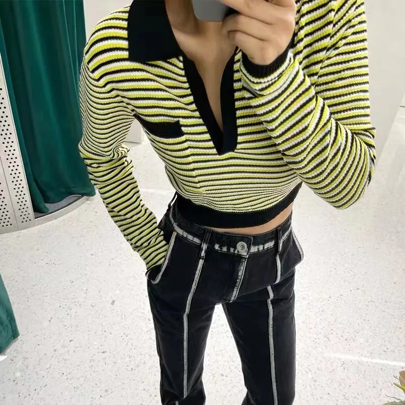 

Fashioin Sweater Pullovers Women Knit Crop Tops Vintage Striped Sexy Jumper Casual Jersey Streetwear 2022 Japanese Korean Style