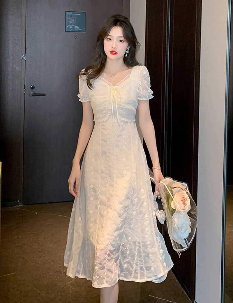

Summer Dress Fairy French Romantic Embroidered Lace Fairy Long Empire Vestidos Robes Longues Jurk V-neck Elegante Dresses New