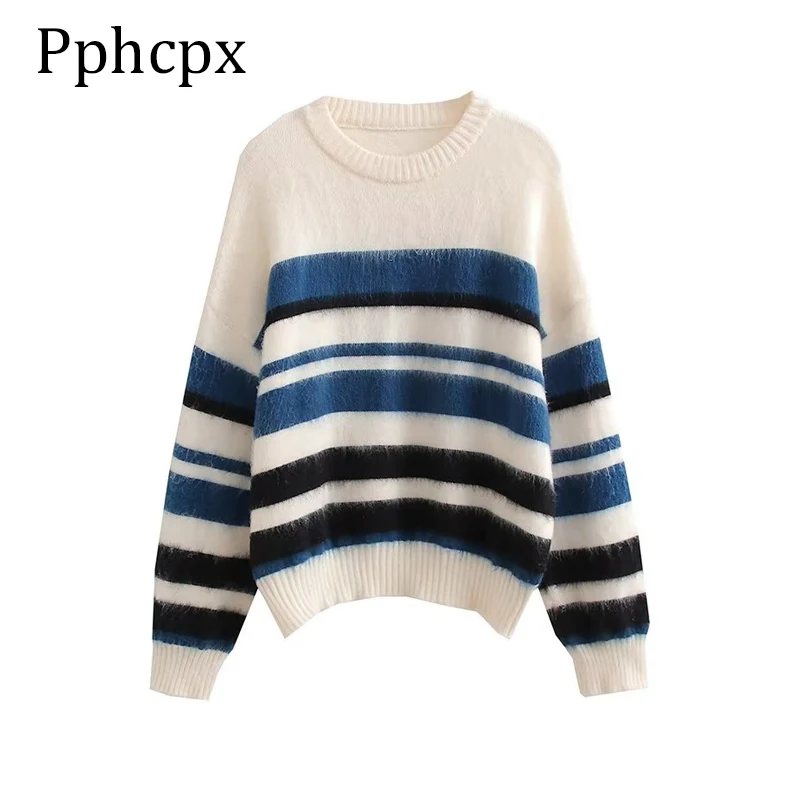 

Pphcpx Winter Sweater Women 2022 Knit Pullover Striped Long Sleeve Vintage Loose Sweaters Ladies O-Neck Pullover Thick Tops