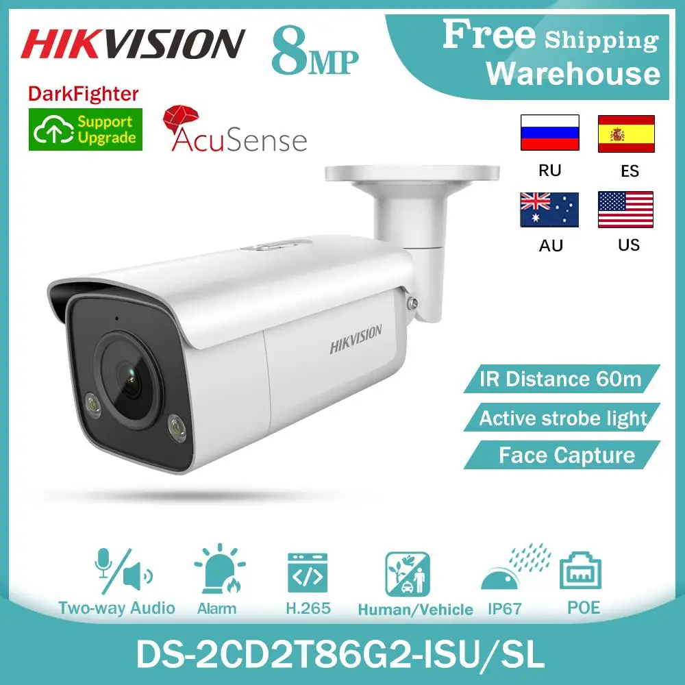 

Hikvision 4K 8MP IP Camera AcuSense DS-2CD2T86G2-ISU/SL DarkFighter IP67 60M POE H.265+ SD Slot Audio Alarm Video Bullet Camera