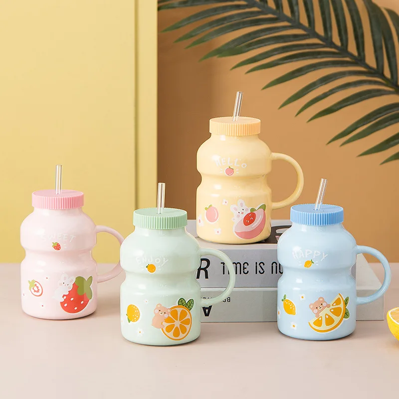 Креативная Милая керамическая кружка с крышкой и соломинкой Мультяшные кружки
