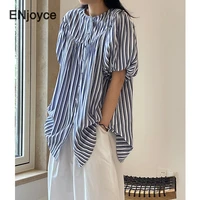 vintage brown striped short sleeve shirts women korean style casual loose round neck blouses office ladies wears shirt summer