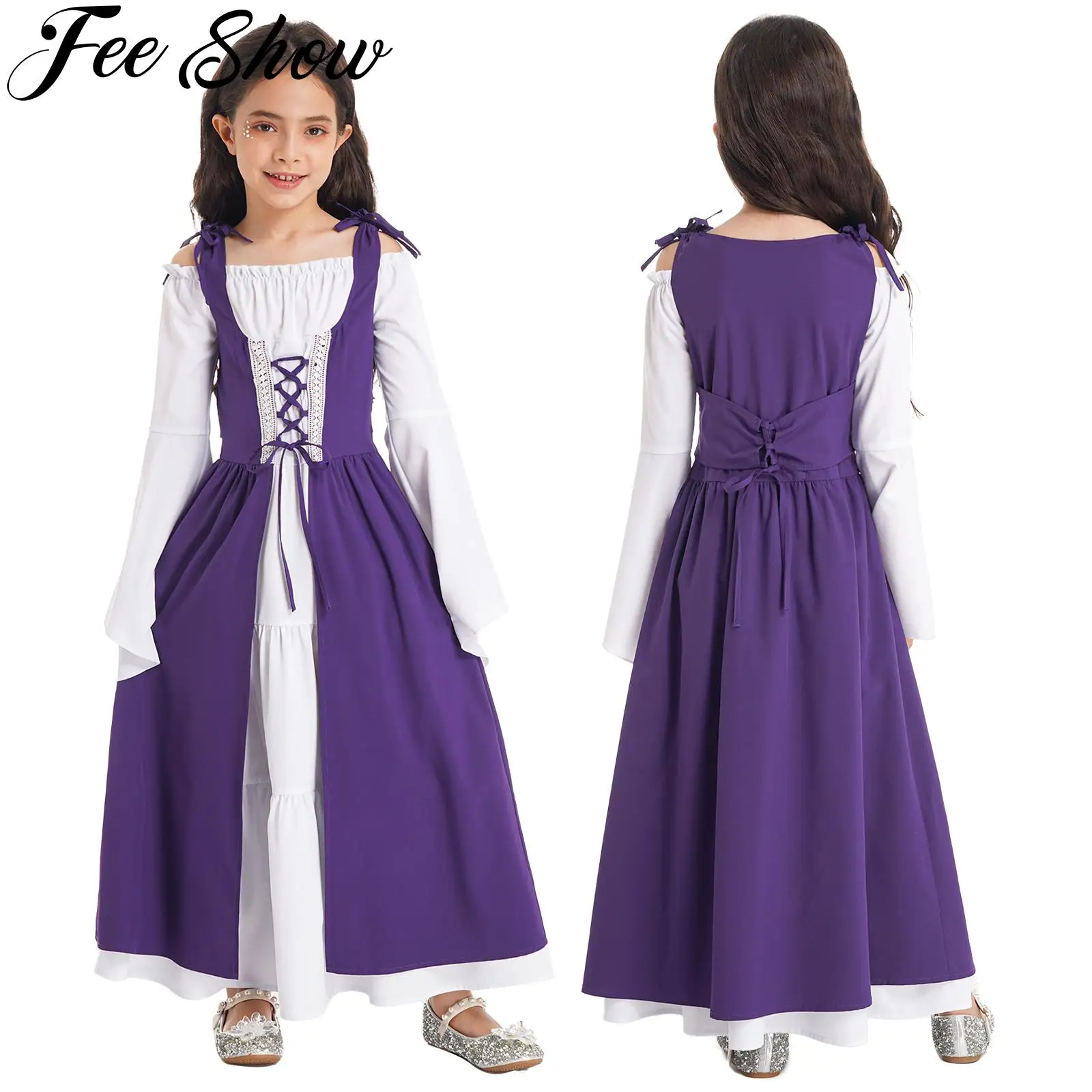 

Kids Grils Renaissance Princess Cosplay Dresses Medieval Irish Over Dress and Chemise Boho Set Gothic High Waist Gown Dress