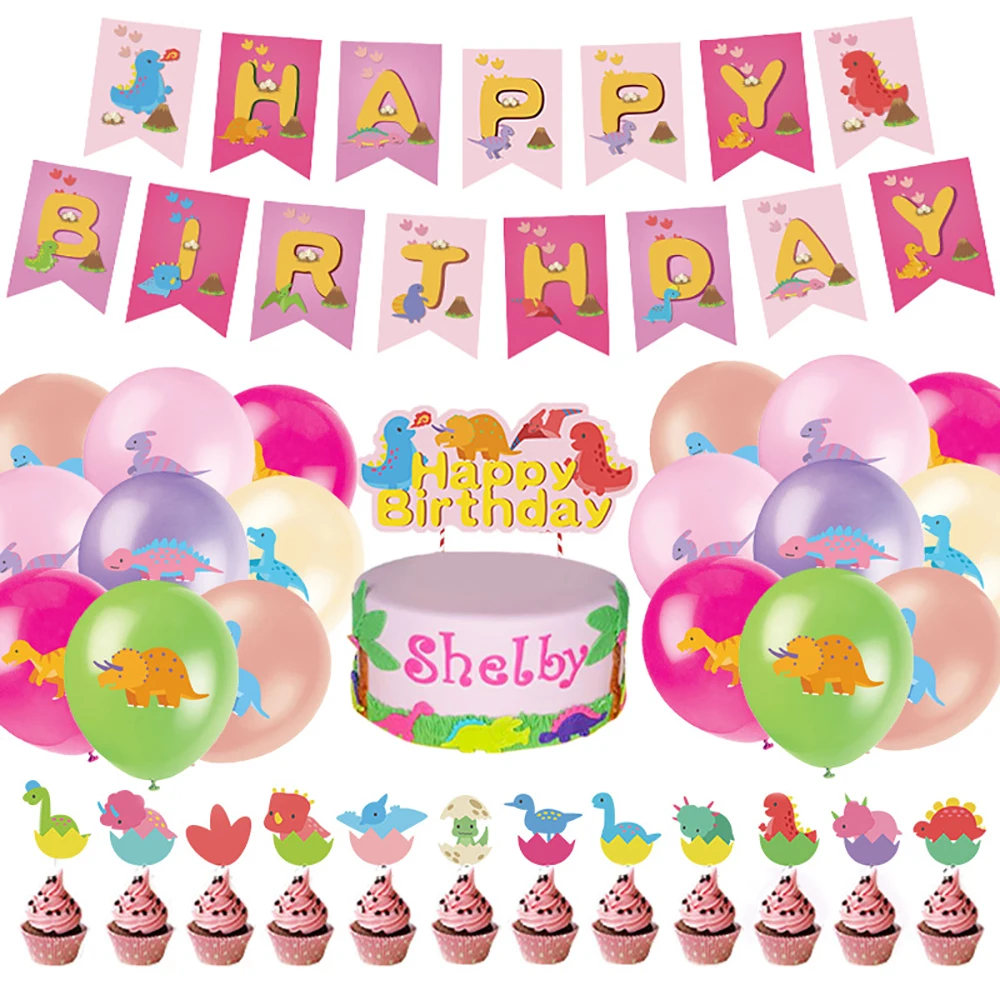 

Dinosaur Pink Theme Girl Birthday Party Decoration Set Birthday Pull Flag Cake Insert Card Balloon Decoration