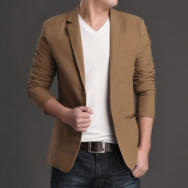 Spring Casual Solid Small Suit Men's Cotton Slim fit Jacket Single West Plus size Trendy Outerwear Wear